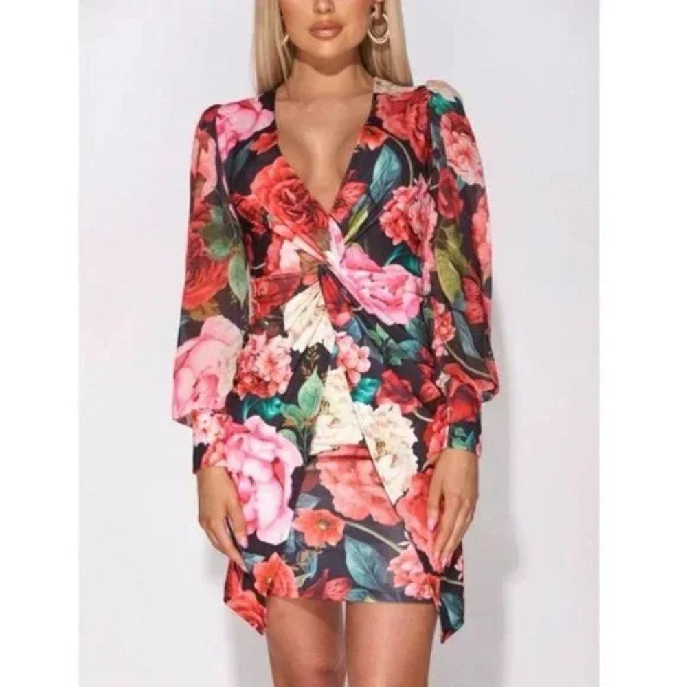 Black Floral Print Long Sleeve V-Neck Bodycon Mini Dress - Picture 12 of 13